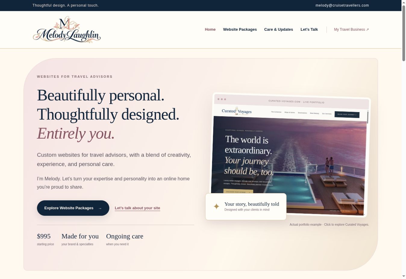 Melody Laughlin website design service with blush, cream, and navy branding