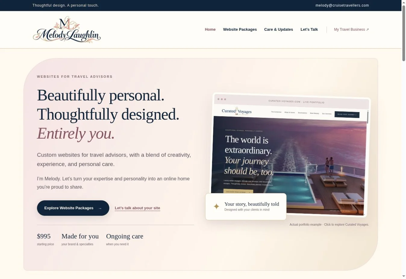 Melody Laughlin website design service with blush, cream, and navy branding